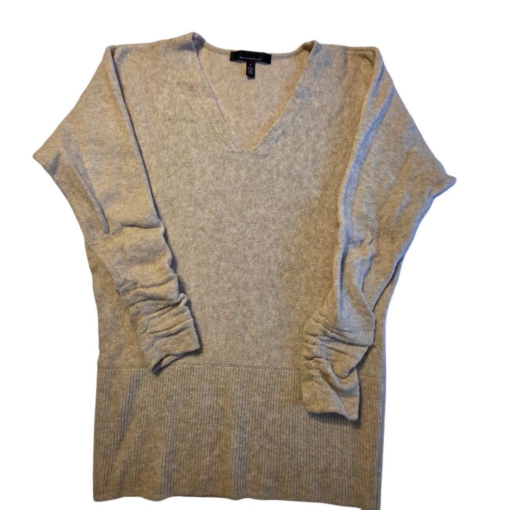 White House Black Market Sweater Womens S Beige Good Ruched Sleeve V-Neck Knit